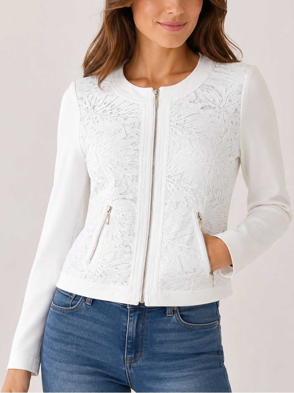 White House Black Market White Lace Zip Front Lace Jacket Size 2 Quiet Luxury